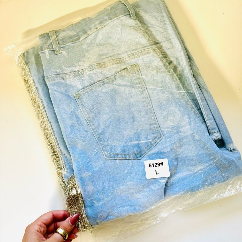 NEW Light Wash Stretch Denim Rhinestone Crystal Fringe Tassel Split Leg Jeans L - Picture 13 of 14